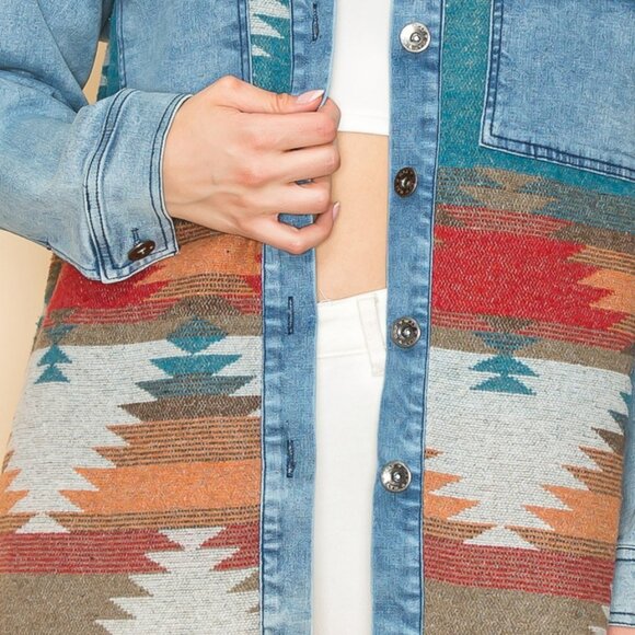 NWT W.A.Y Wonderful & Young Denim Oversized Aztec Jacket With Studs - Picture 2 of 5